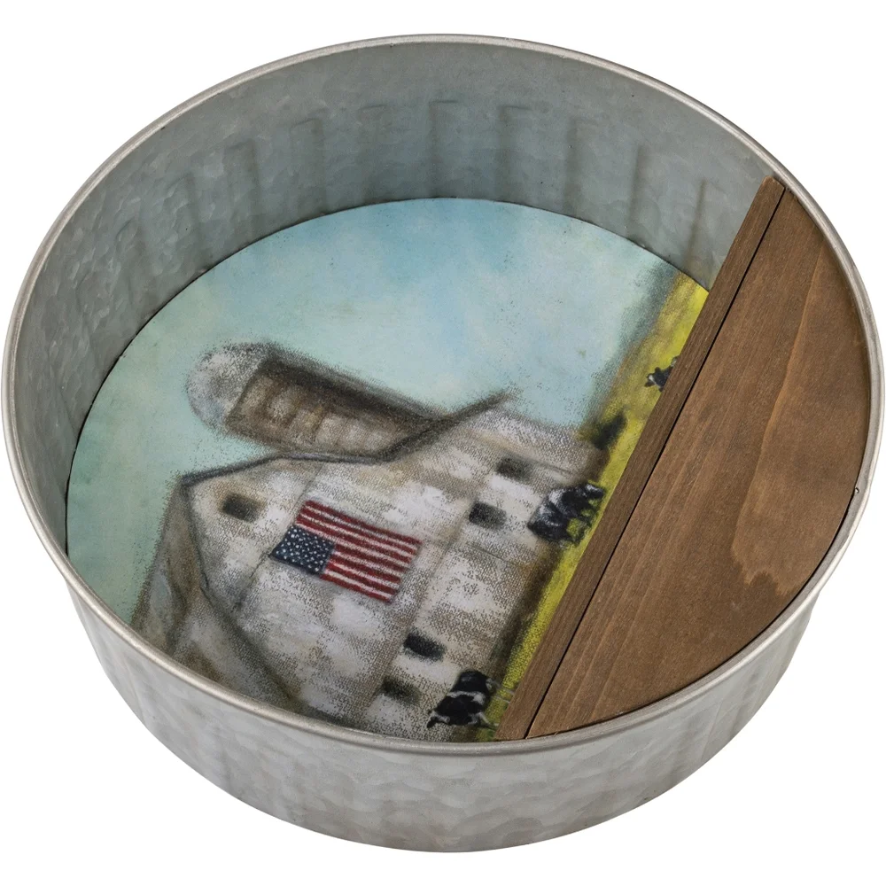 Round Wall Shelf Galvanized Metal Country Farm Scene Barn USA Flag Cows